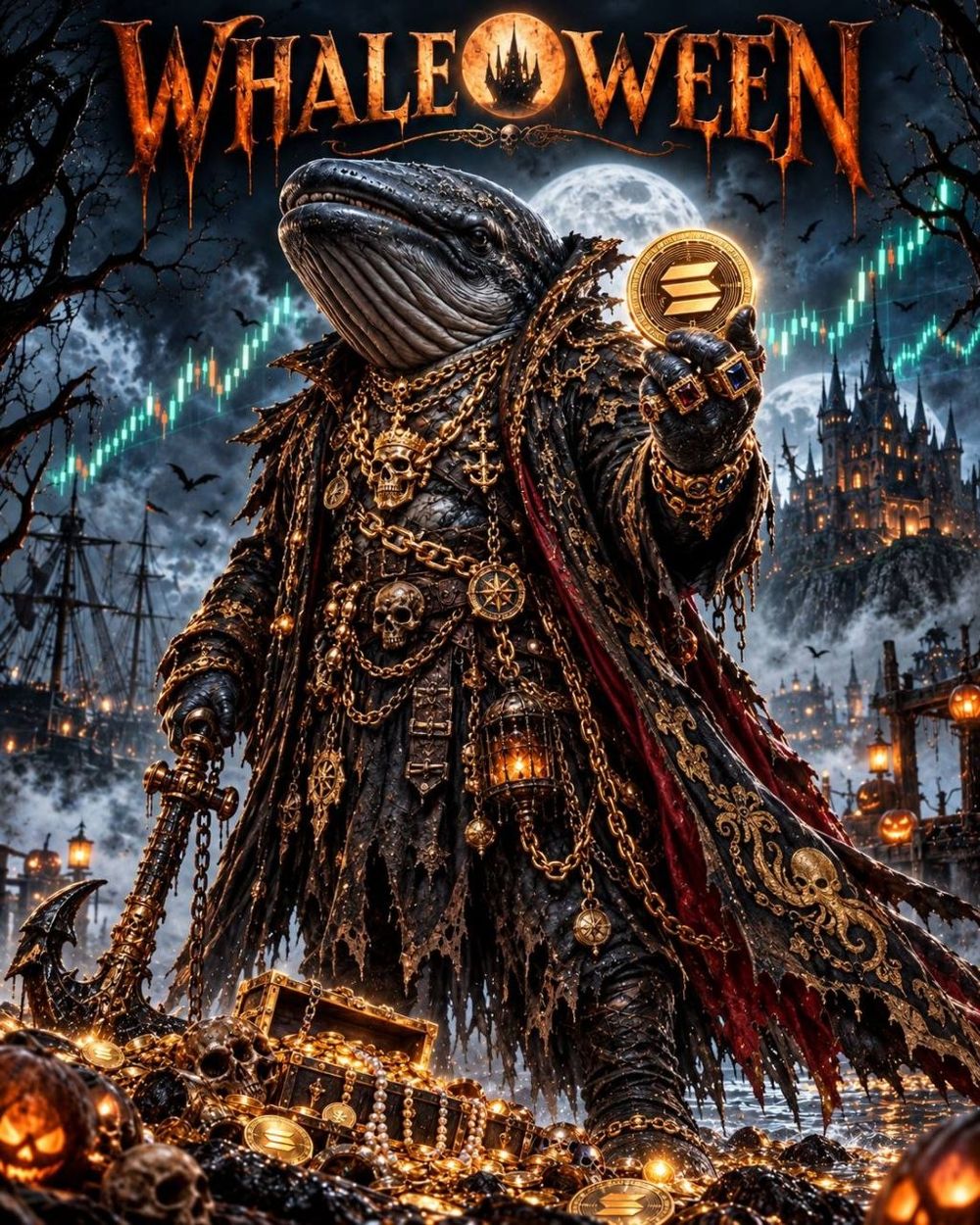 The Whaleoween king: an armored whale overlord in a gold-chained pirate coat, holding a glowing Solana coin before a haunted castle, treasure and jack-o'-lanterns at his feet
